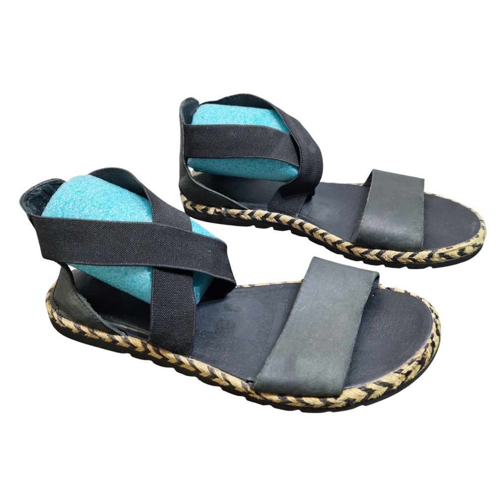 Sorel Ella Sandals Womens 9.5 Black Leather Elastic Ankle Strap Espadrille Flats